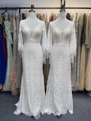 Long Sleeves Lace Mermaid Wedding Dress with V-Neck and Chapel Train