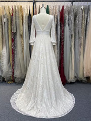 Long Sleeves Lace V-Neck A-Line Wedding Dress with Sweep Train