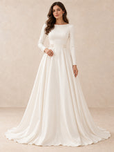 Long Sleeve Satin-Crepe A-Line Wedding Dress with Pearl Waist Details