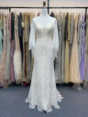 Long Sleeves Lace Mermaid Wedding Dress with V-Neck and Chapel Train