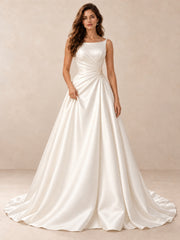 Modern Bateau-Neck A-Line Satin Wedding Dress With Sweep Train