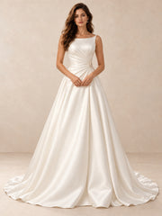 Modern Bateau-Neck A-Line Satin Wedding Dress With Sweep Train