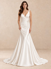 Modern Deep V-Neck Satin Mermaid Wedding Dress with Beaded Waist
