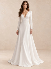 Modern Minimalist Long-Sleeve Crepe Wedding Dress with Deep V-Neck