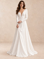 Modern Minimalist Long-Sleeve Crepe Wedding Dress with Deep V-Neck