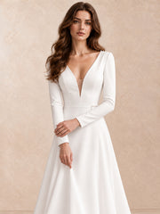 Modern Minimalist Long-Sleeve Crepe Wedding Dress with Deep V-Neck