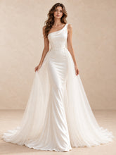 Modern One-Shoulder Satin Wedding Dress with Tulle Overskirt