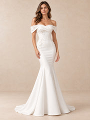 Off-Shoulder Floral Appliqué Mermaid Wedding Dress with Corset Bodice