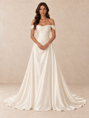 Off-the-Shoulder A-Line Satin Wedding Dress with Pearl Detail