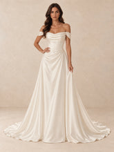 Off-the-Shoulder A-Line Satin Wedding Dress with Pearl Detail