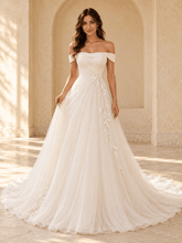 Off-the-Shoulder A-Line Tulle Wedding Dress with Pleated Bodice & Lace Appliqués