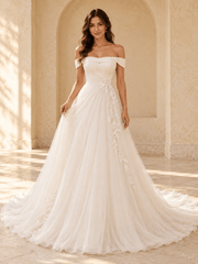 Off-the-Shoulder A-Line Tulle Wedding Dress with Pleated Bodice & Lace Appliqués