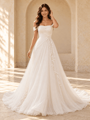 Off-the-Shoulder A-Line Tulle Wedding Dress with Pleated Bodice & Lace Appliqués