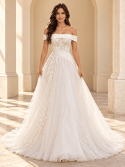 Off-the-Shoulder A-Line Wedding Dress with Lace Bodice & Draped Waist