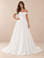 Off-the-Shoulder Band Sleeves Satin Ball Gown Wedding Dress with Sweep Train