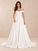 Off-the-Shoulder Band Sleeves Satin Ball Gown Wedding Dress with Sweep Train