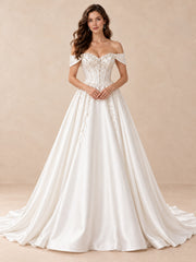 Off-the-Shoulder Beaded Satin Wedding Dress with Sweeping Train