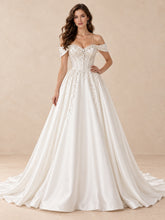 Off-the-Shoulder Beaded Satin Wedding Dress with Sweeping Train