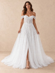 Off-the-Shoulder Beaded Tulle A-Line Wedding Dress with High Slit