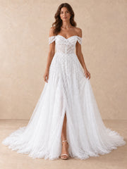 Off-the-Shoulder Beaded Tulle A-Line Wedding Dress with High Slit