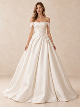 Off-the-Shoulder Draped Mikado Satin Wedding Dress with Sweep Train