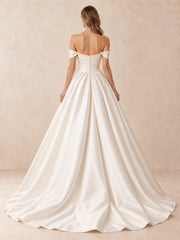 Off-the-Shoulder Draped Mikado Satin Wedding Dress with Sweep Train