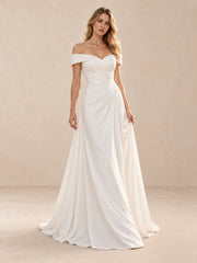 Off-the-Shoulder Draped Neckline Satin A-Line Wedding Dress