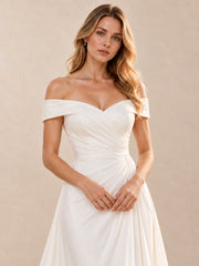 Off-the-Shoulder Draped Neckline Satin A-Line Wedding Dress