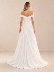 Off-the-Shoulder Draped Neckline Satin A-Line Wedding Dress