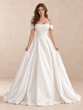 Off-the-Shoulder Draped Satin Ball Gown Wedding Dress with Basque Waist