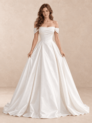 Off-the-Shoulder Draped Satin Ball Gown Wedding Dress with Basque Waist