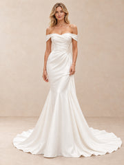 Off-the-Shoulder Draped Satin Mermaid Wedding Dress with Chapel Train