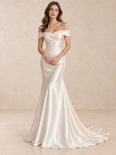 Off-the-Shoulder Draped Satin Mermaid Wedding Dress with Sweep Train