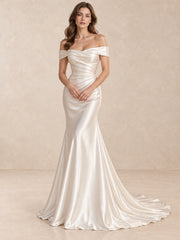 Off-the-Shoulder Draped Satin Mermaid Wedding Dress with Sweep Train