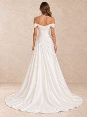 Off-the-Shoulder Draped Satin Wedding Dress with Pearl Accents