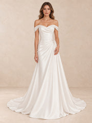 Off-the-Shoulder Draped Satin Wedding Dress with Pearl Accents