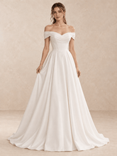 Off-the-Shoulder Draped V-Neck Satin A-Line Wedding Dress