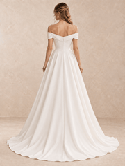 Off-the-Shoulder Draped V-Neck Satin A-Line Wedding Dress