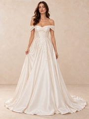 Off-the-Shoulder Embroidered Satin Wedding Dress with Sweep Train