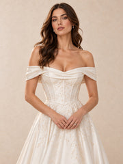 Off-the-Shoulder Embroidered Satin Wedding Dress with Sweep Train