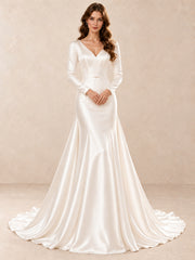 Off-the-Shoulder Fit-and-Flare Satin Wedding Dress with Pearl Waist
