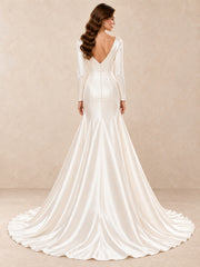 Off-the-Shoulder Fit-and-Flare Satin Wedding Dress with Pearl Waist