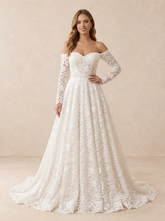 Off-the-Shoulder Floral Lace Long Sleeves Wedding Dress with Chapel Train