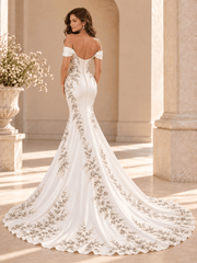 Off-the-Shoulder Green Leaf Embroidered Satin Mermaid Wedding Dress