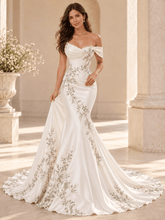 Off-the-Shoulder Green Leaf Embroidered Satin Mermaid Wedding Dress
