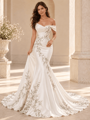 Off-the-Shoulder Green Leaf Embroidered Satin Mermaid Wedding Dress