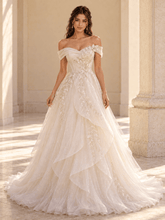 Off-the-Shoulder Ivory Floral Lace Ball Gown Wedding Dress with Layered Tulle