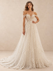 Off-the-Shoulder Lace Appliqué A-Line Wedding Dress with Train