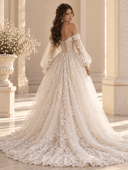 Off-the-Shoulder Lace Ball Gown Wedding Dress with Corset Back & Floral Appliqués