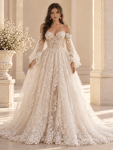 Off-the-Shoulder Lace Ball Gown Wedding Dress with Corset Back & Floral Appliqués